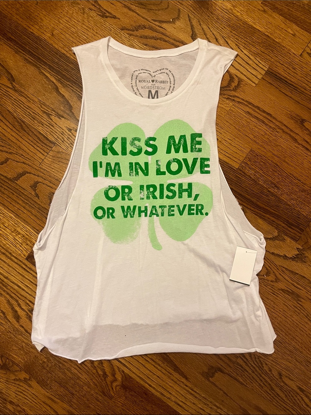 NWT Royal Rabbit Women’s White Tank Top with Green Shamrock Graphic Size Medium